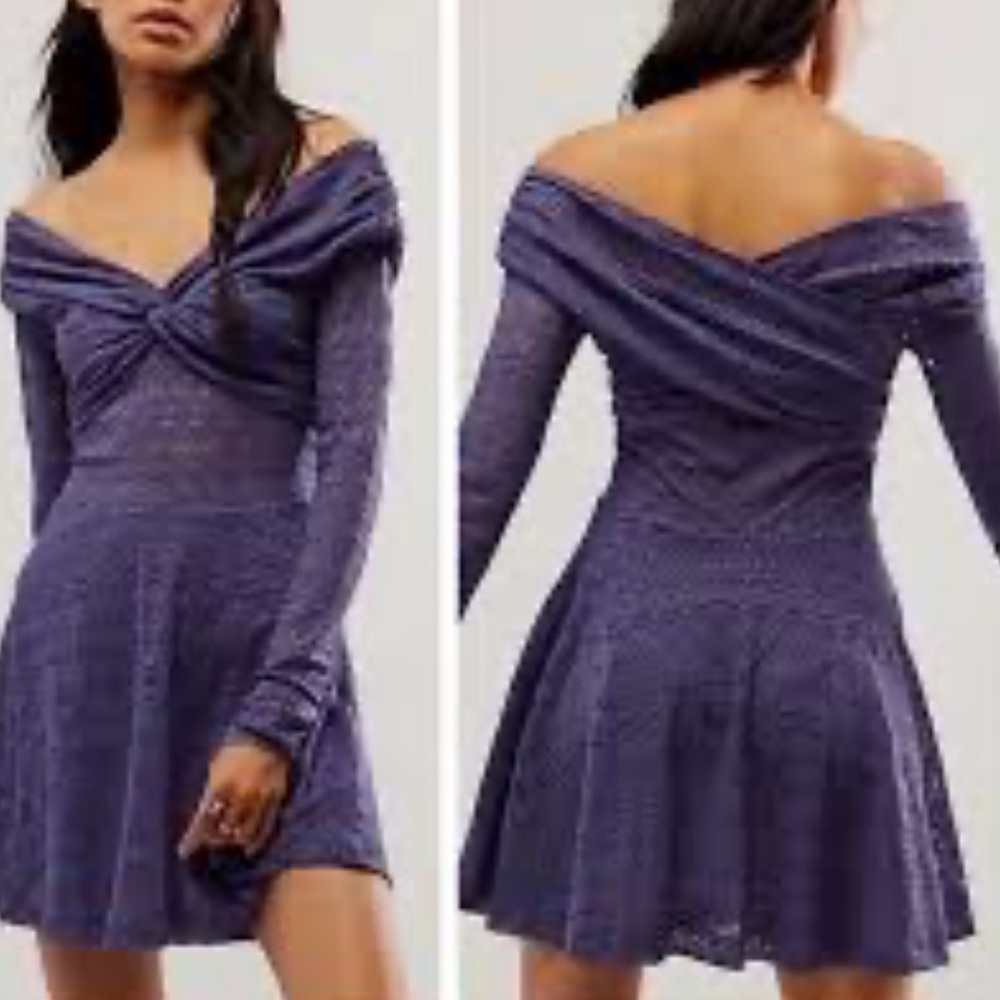 Free People NWT Lila Boho Purple Embroidered Stretch Lace Off Shoulder Large